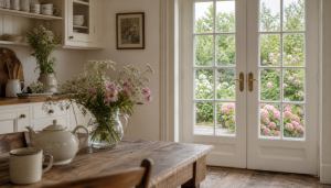 A bright sun-filled cottage kitchen corner with cream-painted cabinetry and a worn wooden table holding a ceramic teapot, matching mug and a clear glass jug of cow parsley and pink garden flowers. French doors open to a lush English country garden with pink and white blossoms beyond. Morning sunlight pours across the scene.