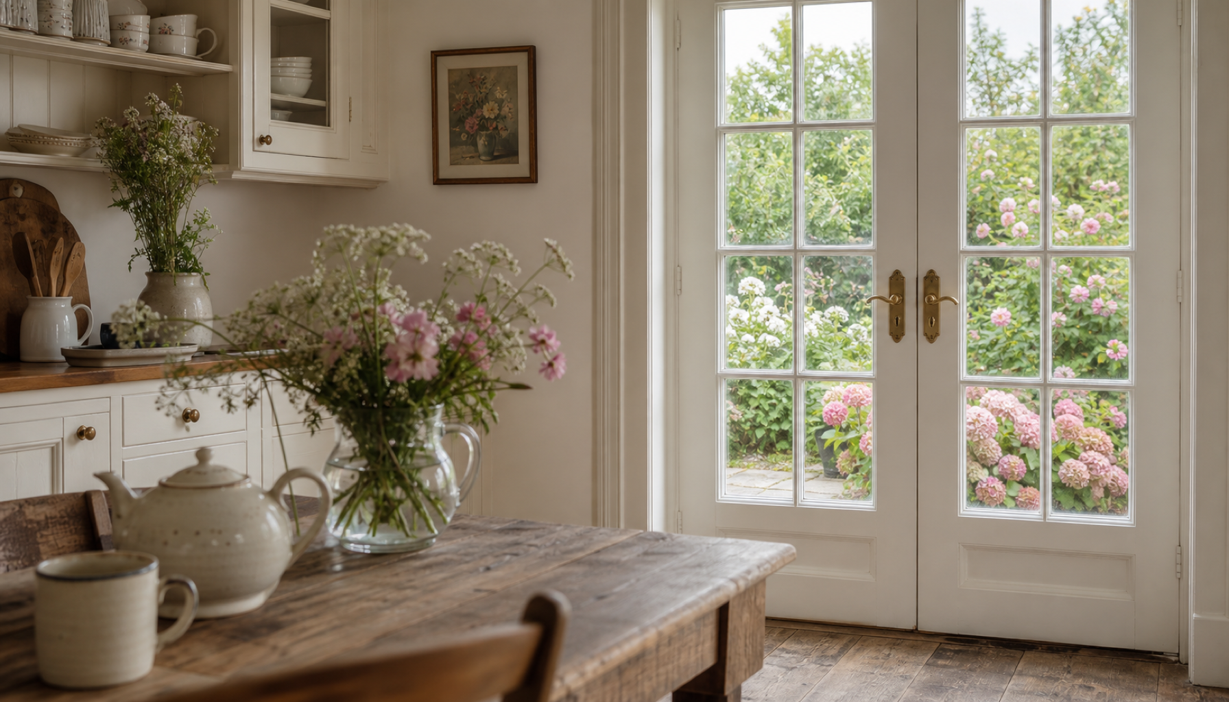 A bright sun-filled cottage kitchen corner with cream-painted cabinetry and a worn wooden table holding a ceramic teapot, matching mug and a clear glass jug of cow parsley and pink garden flowers. French doors open to a lush English country garden with pink and white blossoms beyond. Morning sunlight pours across the scene.