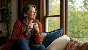 A woman in her early fifties sits in a window seat at home, holding a pale ceramic cup of tea in both hands, looking thoughtfully out a wooden-framed window. She wears a warm terracotta knit cardigan and has shoulder-length lightly greying wavy hair. Soft natural daylight, bookshelves and a hanging plant in the background. Warm, reflective, intimate mood.