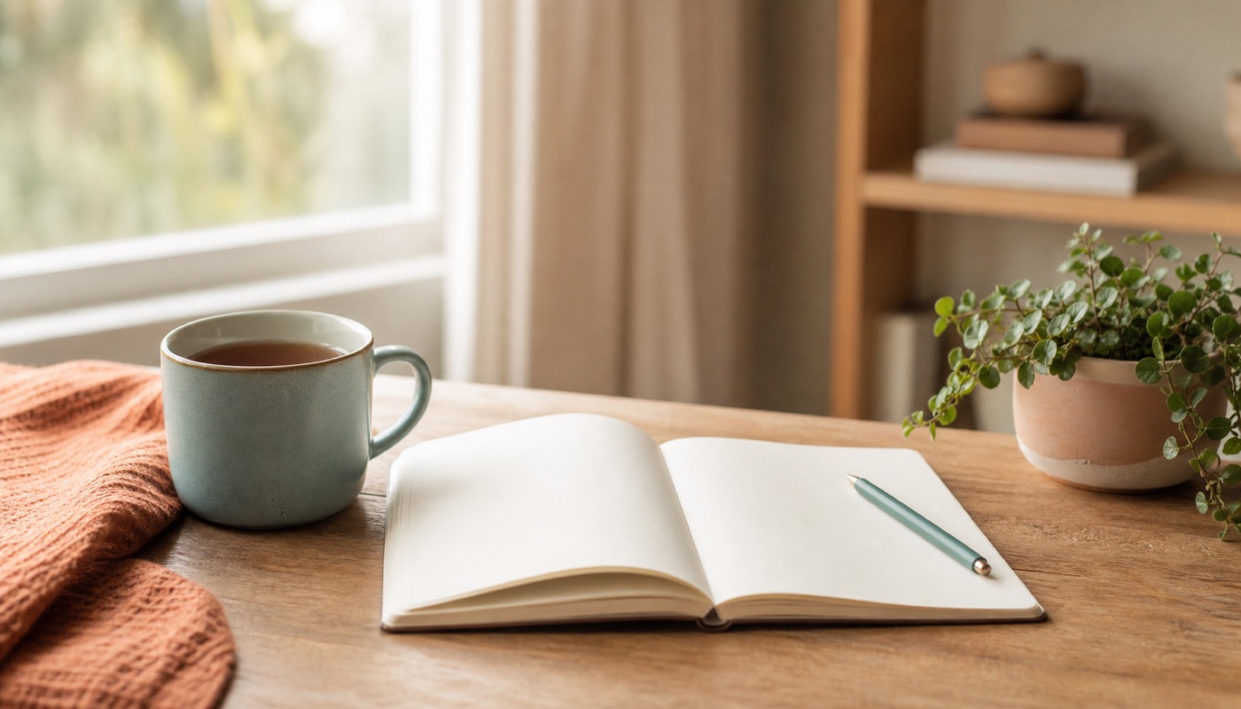 A calm desk with a cup of tea, an open notebook and a plant in soft morning light