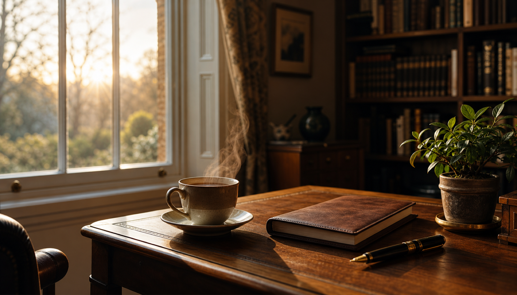 A warm home study at dawn: a wooden desk beside a window in golden morning light, a steaming cup of tea, a leather notebook and fountain pen, a small potted plant and softly blurred bookshelves behind.