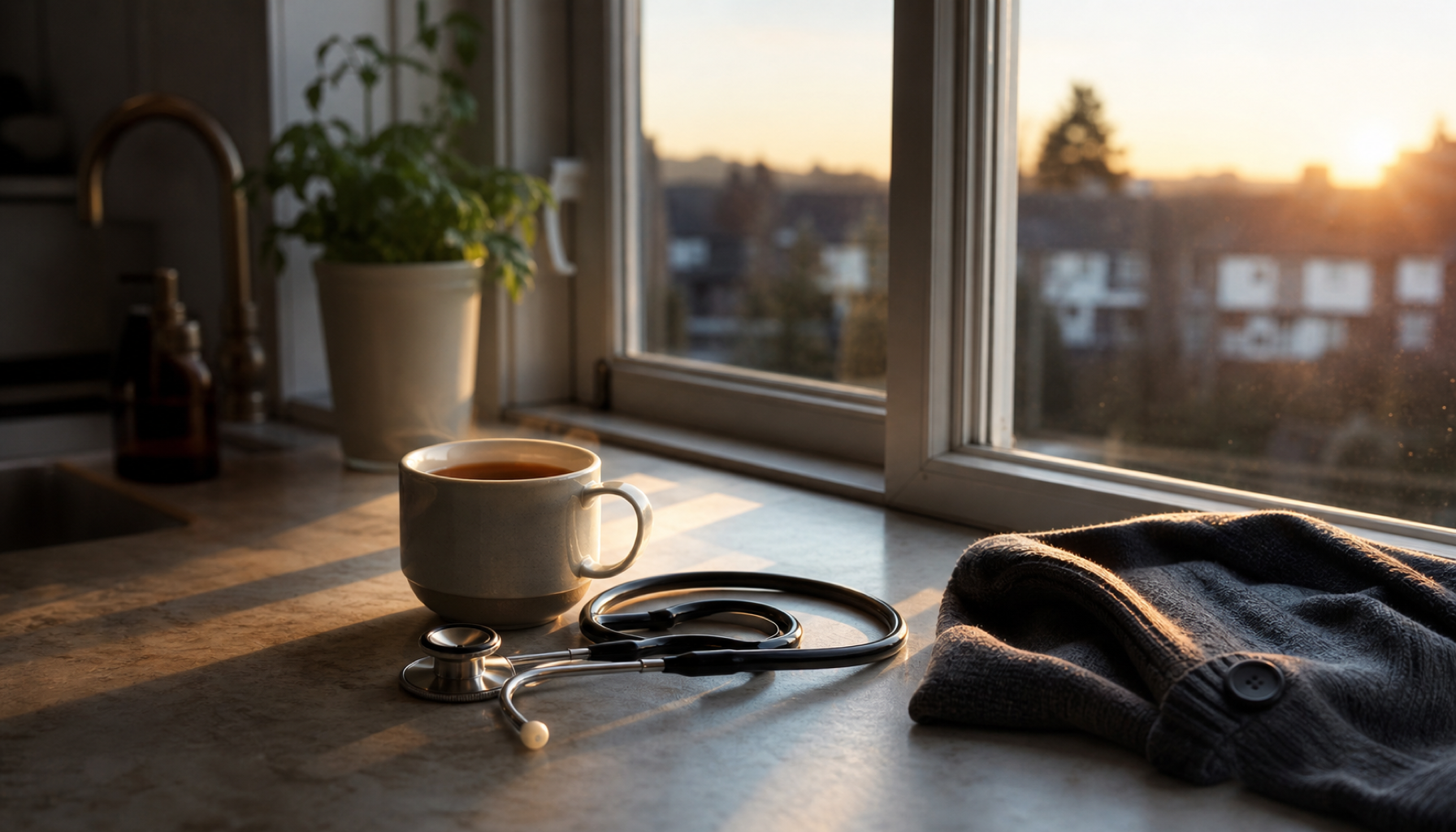A kitchen windowsill at dawn: a mug of tea, a doctor's stethoscope and a folded cardigan in soft golden morning light, with British rooftops and a sunrise through the window.