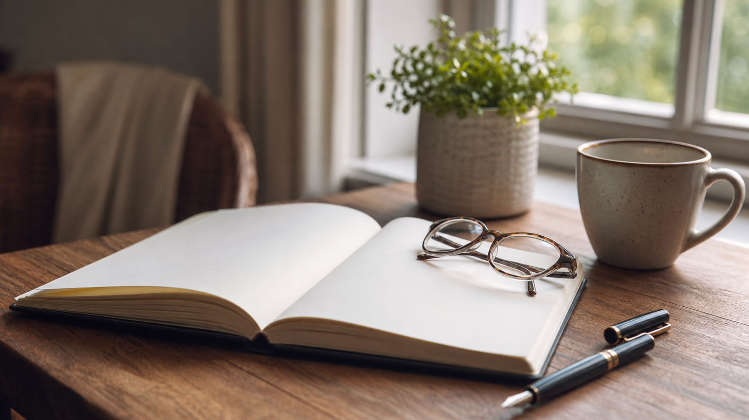 An open blank notebook with reading glasses resting on it, a pen and a cup of tea on a wooden desk by a window in soft morning light: a quiet moment to take stock.