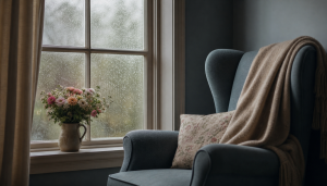 A blue-grey wingback armchair beside a rain-streaked window, a jug of pink garden flowers on the sill, a soft throw and cushion, quiet reflective light.