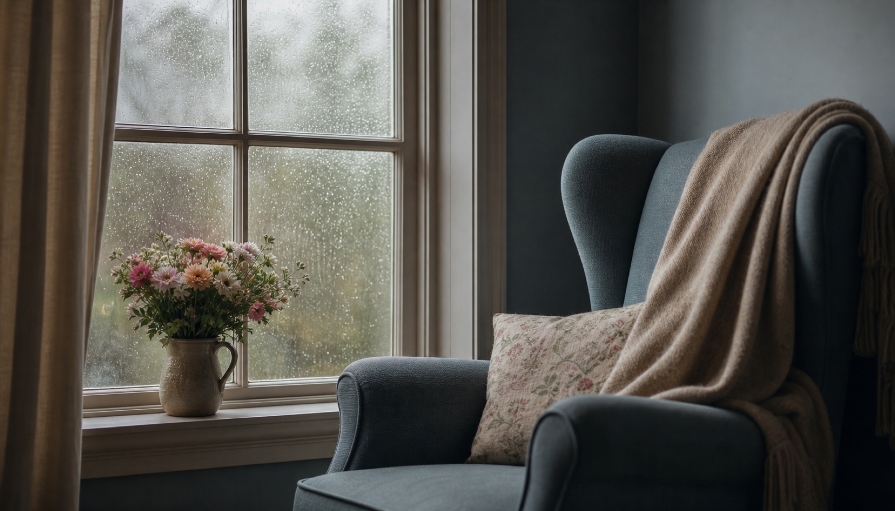 A blue-grey wingback armchair beside a rain-streaked window, a jug of pink garden flowers on the sill, a soft throw and cushion, quiet reflective light.