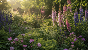 A warm British cottage garden border in soft morning light, tall pink foxgloves and purple delphiniums rising behind lower mounded roses and greenery.