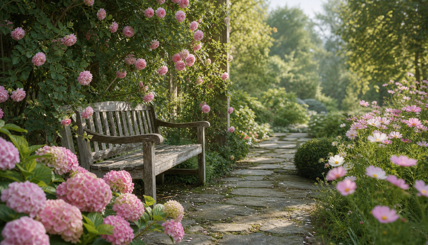 A weathered wooden bench beneath climbing pink roses in a peaceful English cottage garden, hydrangeas and cosmos along a sunlit stone path.