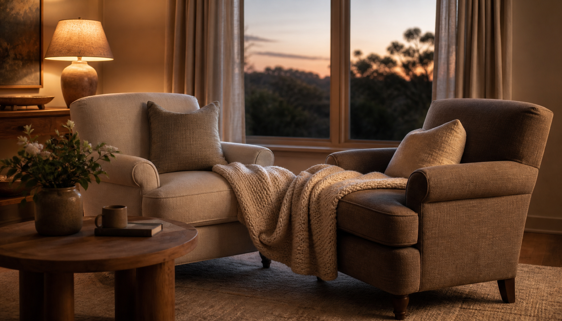Two comfortable armchairs angled towards each other by a window at dusk, a knitted throw shared between them, warm lamplight, a calm and tender living room.