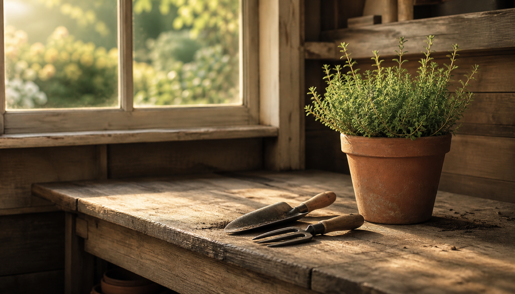 A weathered wooden workbench in a garden potting shed, a terracotta pot of green herbs and a few hand tools, warm morning light through a window.