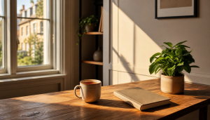 A calm sunlit home-office desk with a cup of tea, a closed notebook and a leafy plant beside a period window in warm morning light