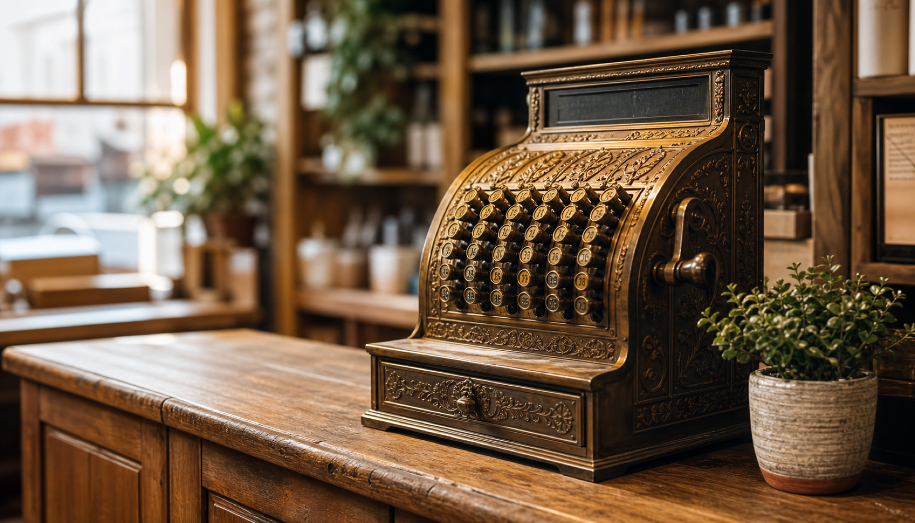 An ornate antique brass cash register on a warm wooden shop counter in soft natural light, with a small potted plant and shelves behind