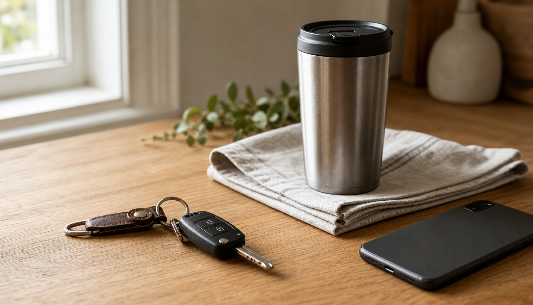 Warm wooden tabletop with car keys on a small leather fob, a stainless steel travel mug on a folded linen cloth, and a smartphone lying face down beside them, lit by soft natural light from a window to the left