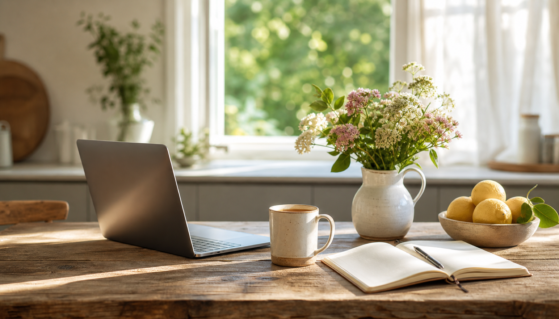 A warm, sunlit kitchen table in soft morning light: an open laptop to one side, a ceramic mug of tea, an open notebook with a pen, a white jug of garden flowers and a bowl of lemons, with a window and soft green garden beyond.