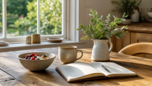 A sunlit wooden kitchen table beside a window, with a cup of tea, a bowl of berries and grains, an open notebook and pen, and a small jug of greenery in soft morning light.