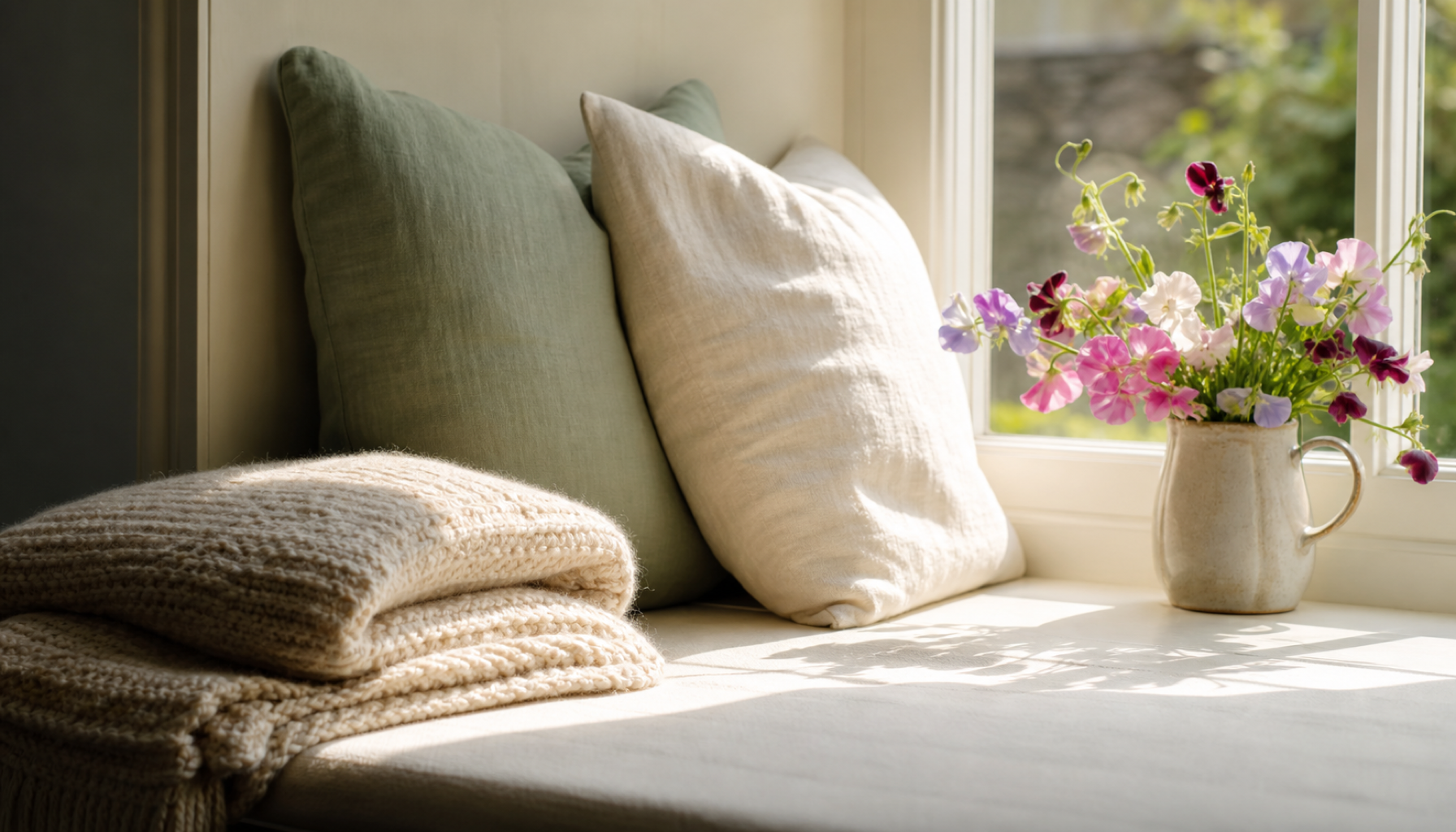 A sunlit window seat with sage-green and cream cushions, a folded knitted wool throw, and a small ceramic jug of garden sweet peas on the windowsill in soft morning light, a calm and comforting domestic scene.