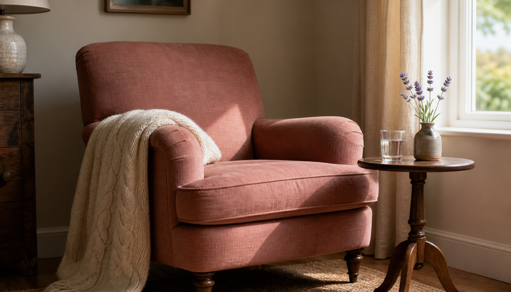 A peaceful sunlit corner with a dusky rose armchair, a cream cable-knit blanket folded over the arm, and a small wooden side table holding a glass of water and lavender in a ceramic vase by a window, a calm and inviting domestic scene.