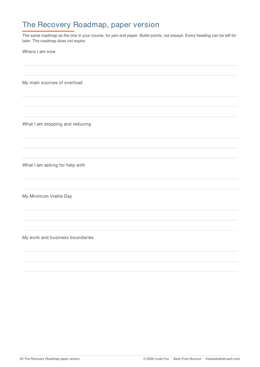The Recovery Roadmap tool sheet