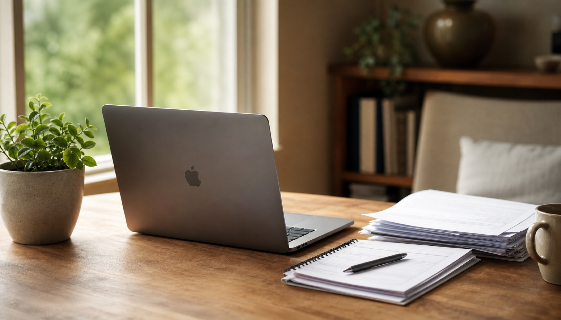 A tidy home-office desk with a space-grey MacBook, business papers, a notebook and pen, and a small plant in warm light