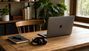 A wooden desk in a home office beside a window, with a wooden chair pulled in facing an open space grey MacBook laptop. A closed notebook with a fountain pen resting on it and a pair of black over-ear headphones sit on the desk, with a large green houseplant and a bookshelf softly out of focus behind.