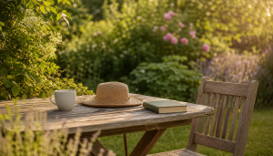 A weathered wooden garden table and chair in a sunlit English garden, with a white mug, a woven straw sunhat and a closed green book on the table, roses and greenery softly out of focus behind