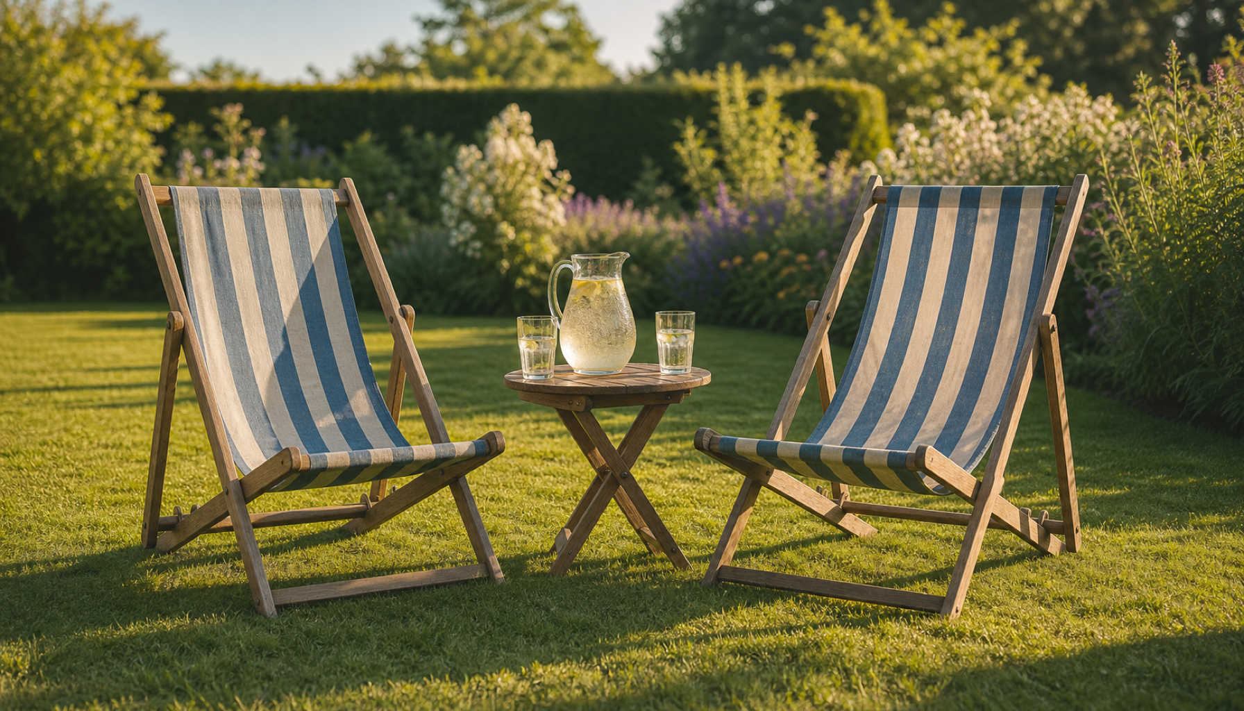 Two striped deckchairs in faded blue and cream angled towards each other on a sunlit garden lawn, with a small wooden table between them holding a jug of lemon water and two glasses, flower border behind
