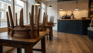 The inside of a small empty cafe early in the morning before opening, with wooden chairs turned upside down on the tables, pale daylight coming through a large front window, bare floorboards and a dark navy counter softly out of focus in the background.