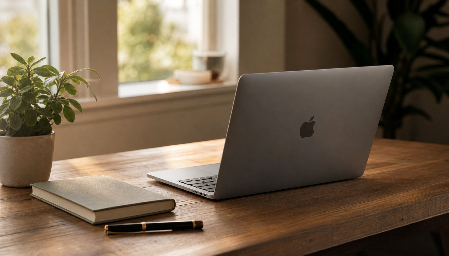 A calm morning desk with a space-grey MacBook, notebook, fountain pen and a small plant in warm window light