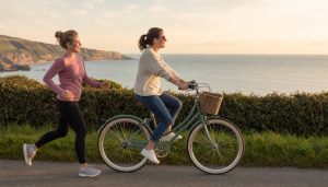 A woman rides a pale green bicycle along a coastal lane in golden evening light while another woman jogs alongside her, encouraging her