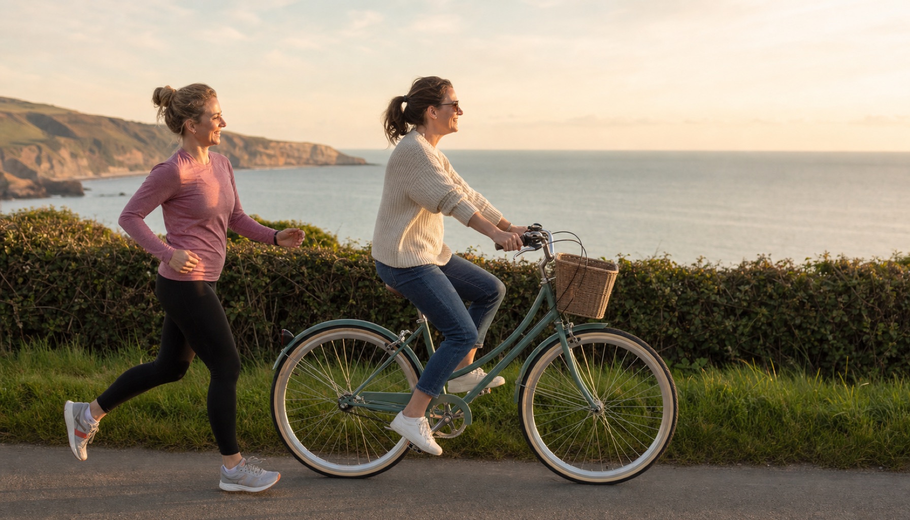 A woman rides a pale green bicycle along a coastal lane in golden evening light while another woman jogs alongside her, encouraging her