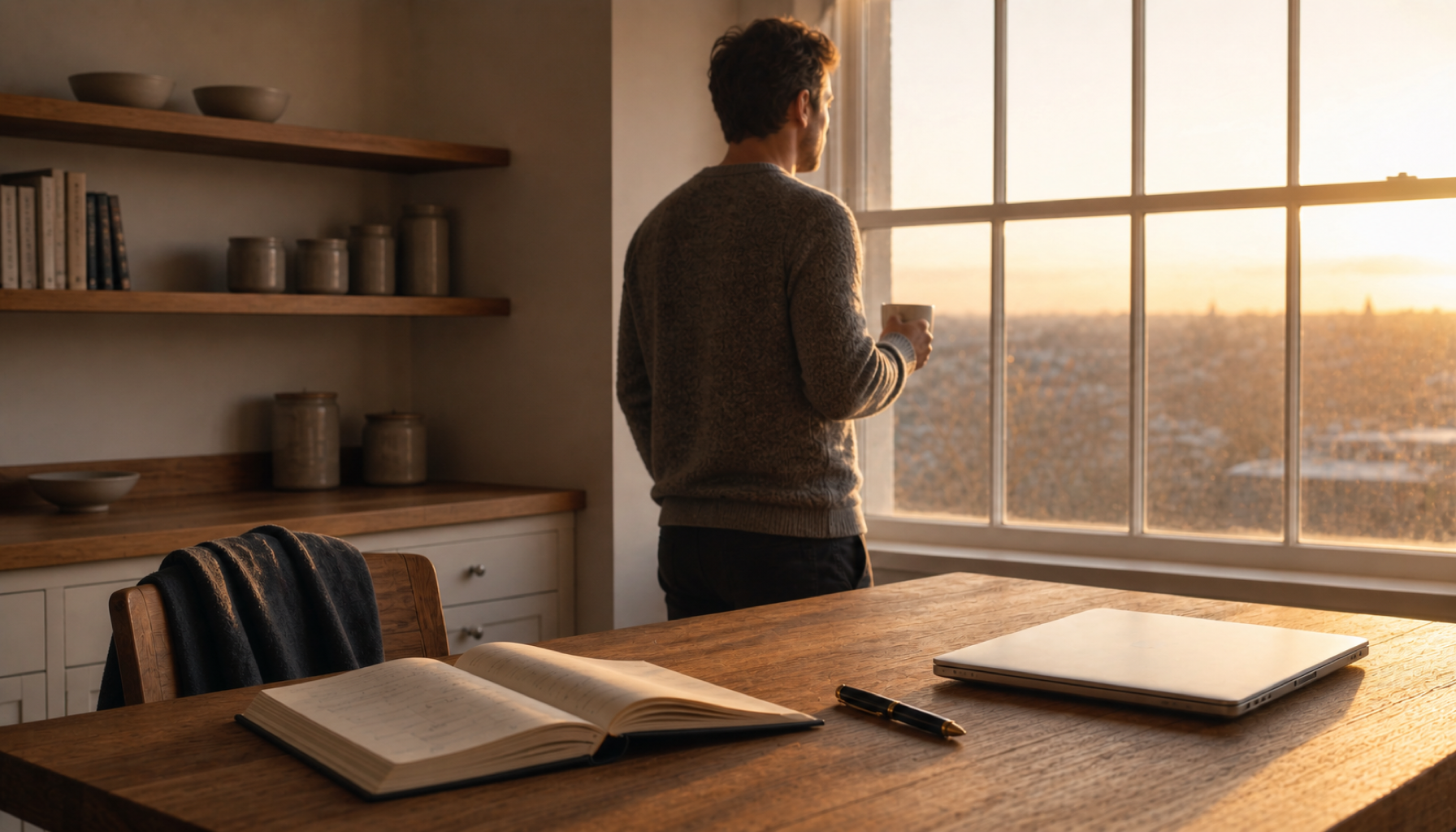 A founder starting the day early: standing at the kitchen window with a mug as dawn light comes in, with an open planner, fountain pen and closed laptop waiting on the wooden table.