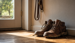 A pair of well-worn brown leather walking boots on a wooden floor just inside a back door, with a dog lead hanging on a hook beside them and early morning light coming through the glass.