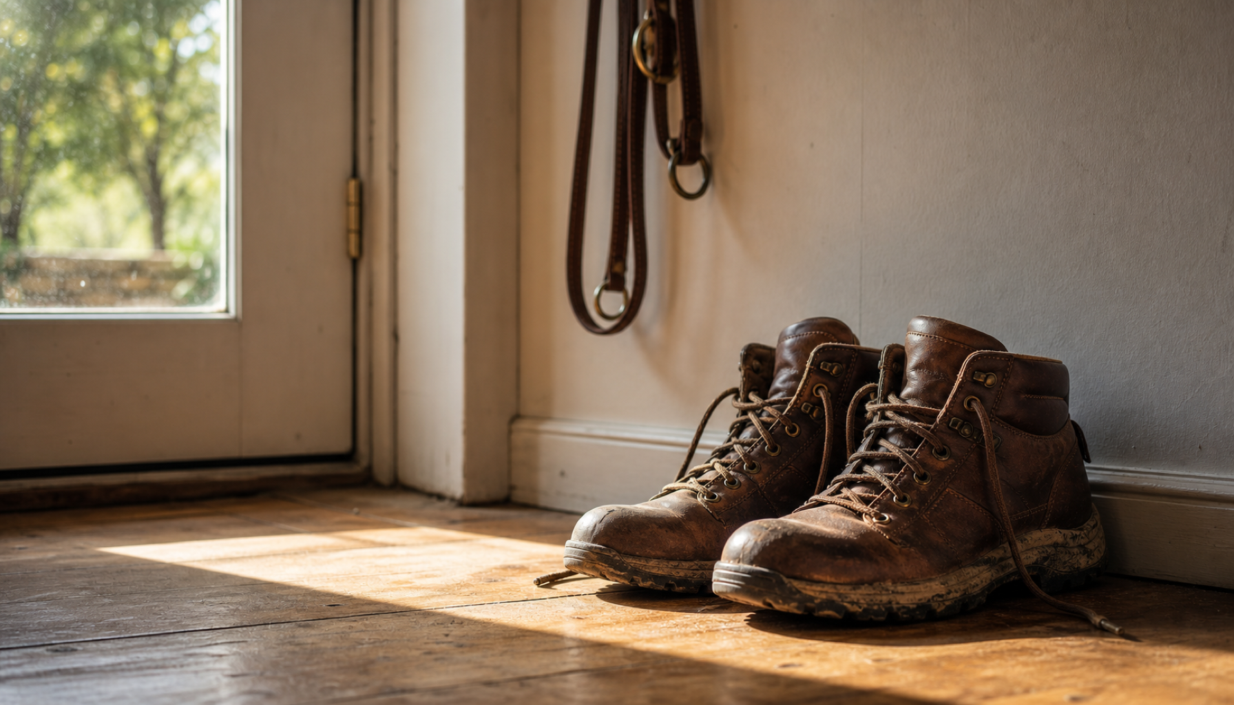 A pair of well-worn brown leather walking boots on a wooden floor just inside a back door, with a dog lead hanging on a hook beside them and early morning light coming through the glass.