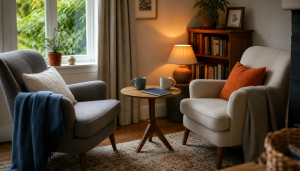 Two comfortable armchairs in the corner of a warm living room, turned towards each other, with a small round wooden table between them holding two mugs and a closed notebook. A lamp is lit, books fill a low shelf, and daylight comes through a window onto a rug.