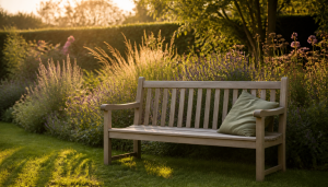 A mellowed teak garden bench with a single sage green cushion propped against one arm, at the edge of a border of catmint, grasses and dahlias in golden evening light.