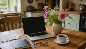 An old wooden kitchen table in a warm cottage kitchen, with an open MacBook, a stone jug of pink and white garden flowers, a white cup of black coffee, a closed notebook, a pen and tortoiseshell reading glasses, in soft morning light.