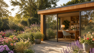 A bespoke timber garden studio at the end of an English garden in golden morning light, its glass doors slid open onto a stone terrace, with a wooden desk, an upholstered chair, bookshelves, a lamp and a jug of flowers inside, and dahlias and salvias flowering in the beds around it.