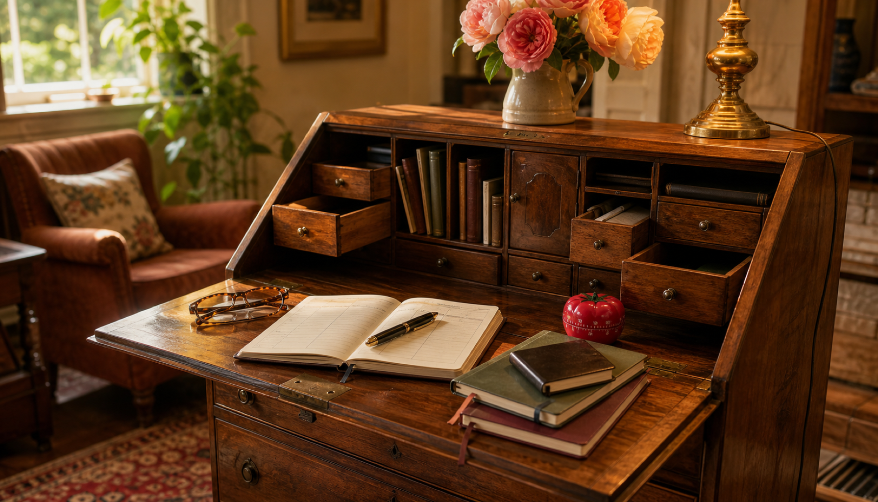 An antique walnut writing bureau open in warm afternoon light, with a week-to-view planner open on the writing surface, a fountain pen across it, a stack of hardback notebooks, reading glasses and a red tomato kitchen timer, and a jug of pink and coral roses on top.