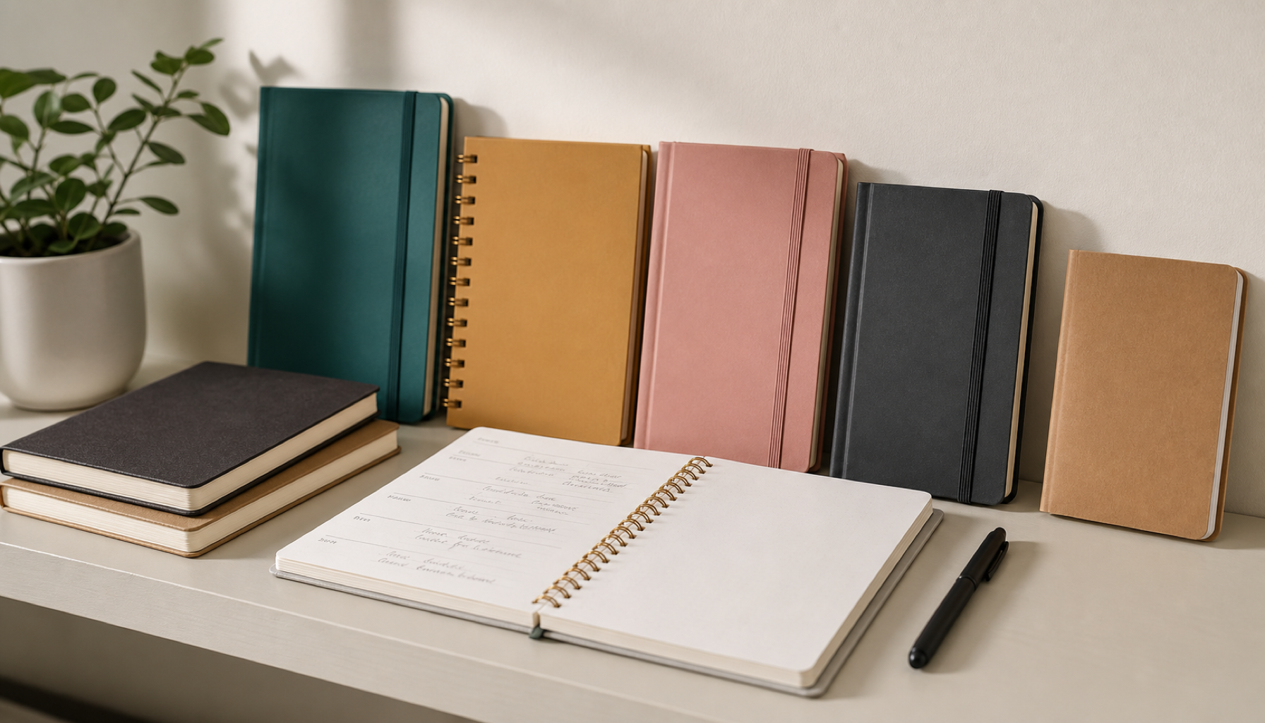 A shelf of modern notebooks and planners in teal, mustard, dusty pink, charcoal and kraft brown, with one spiral-bound planner lying open showing a few weeks of handwriting on the left page and a blank page on the right.