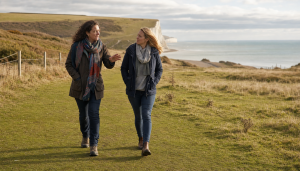 Two women walking and talking together on a grassy clifftop path above the sea, chalk cliffs and open water behind them in soft afternoon light