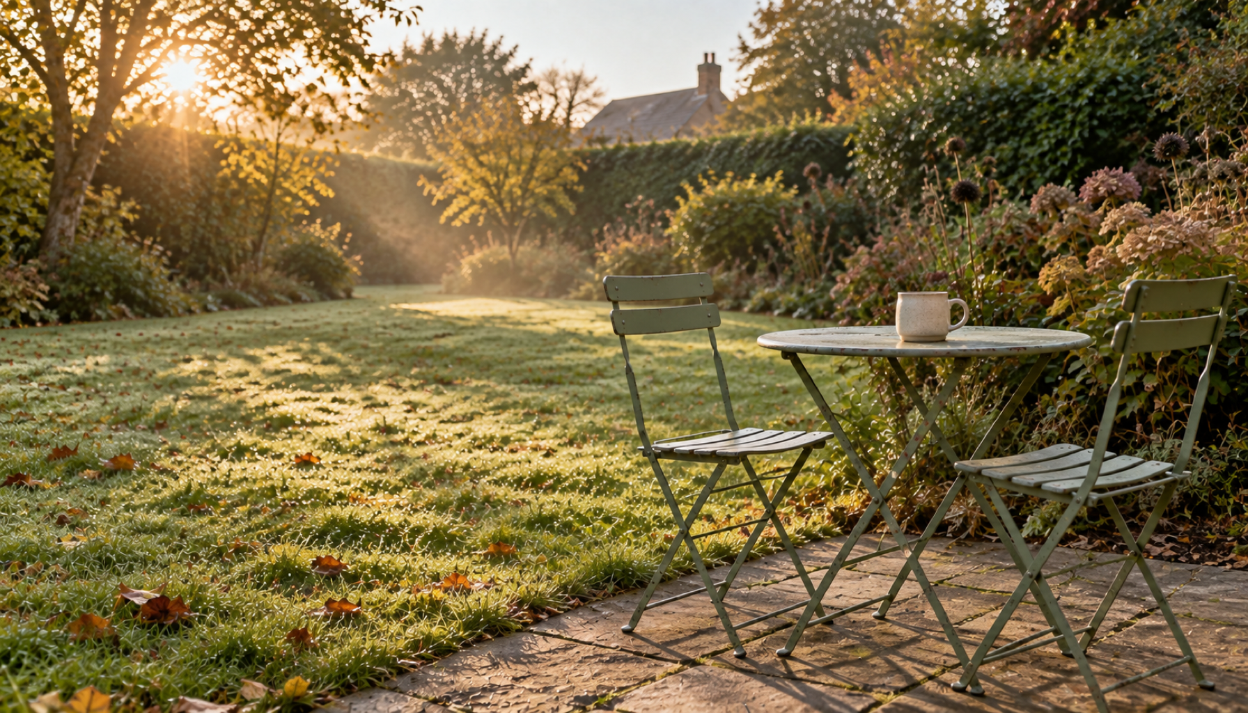 An English back garden just after sunrise in early autumn, with a sage green bistro table and two folding chairs on old stone paving beside a dewy lawn scattered with fallen leaves, a speckled stoneware mug on the table, low golden light through the trees and faded hydrangeas in the border.