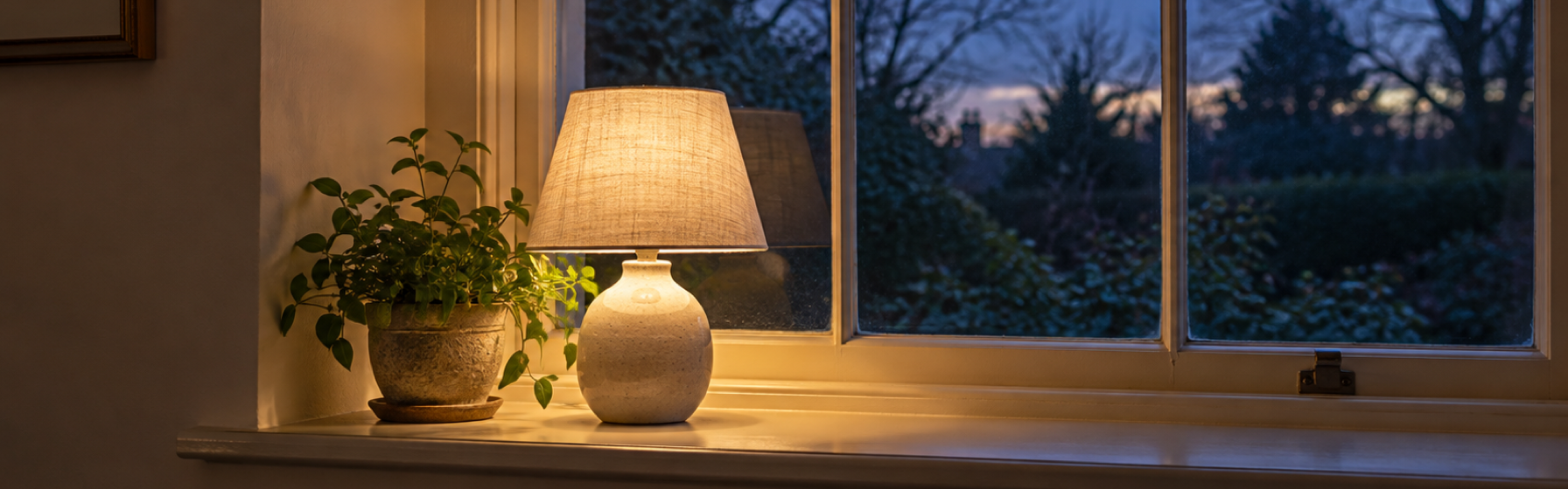 A small stoneware table lamp with a linen shade glowing on a cottage window sill beside a potted plant, with the garden outside in deep blue twilight as the evening arrives early.