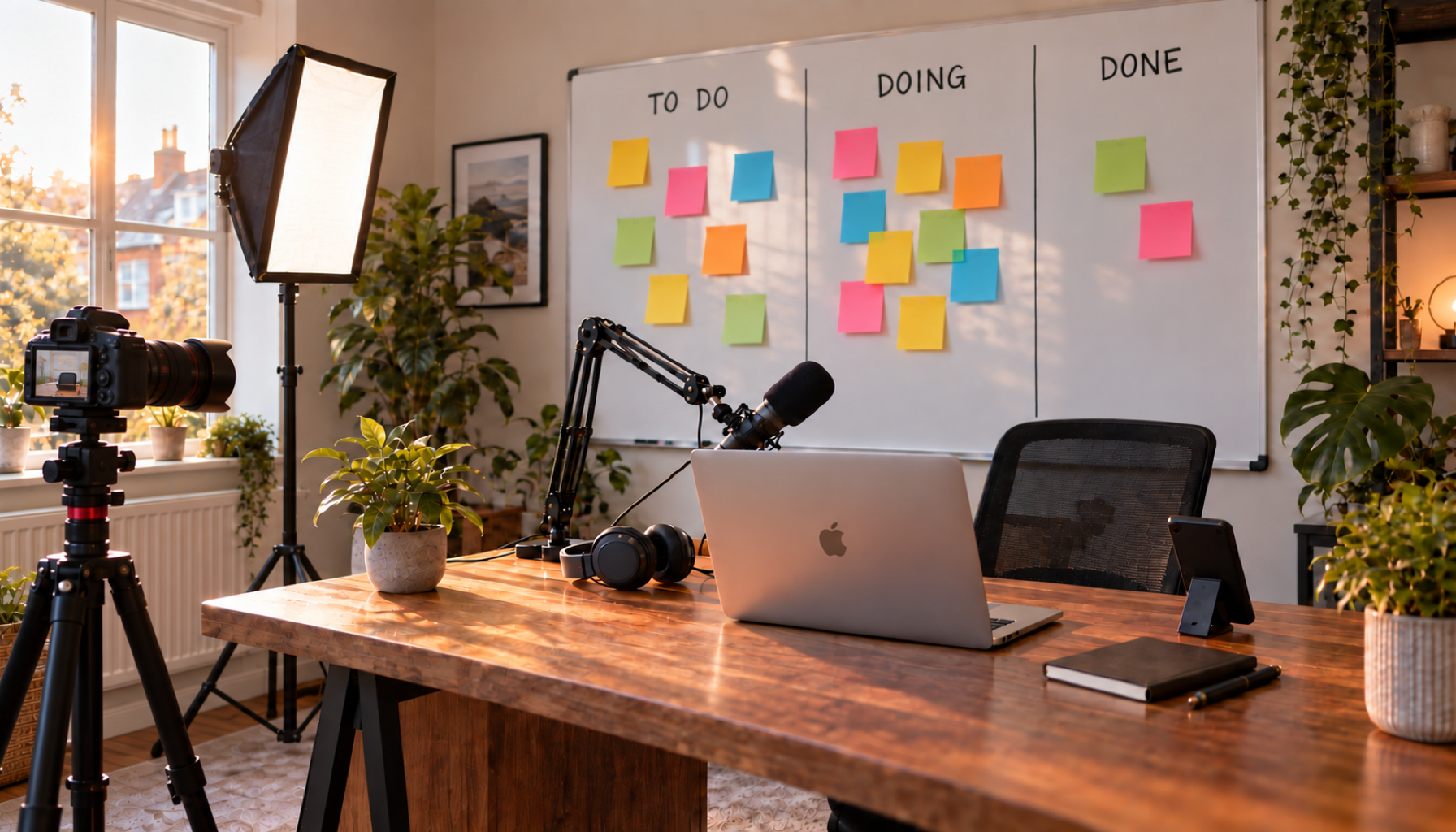 A home office set up for an online business in warm late-afternoon light, with a camera on a tripod pointing at the desk chair, a softbox light, a podcast microphone, headphones and a MacBook on a wooden desk. Behind it, a Kanban board headed To Do, Doing and Done has a crowded Doing column and only two notes in Done.