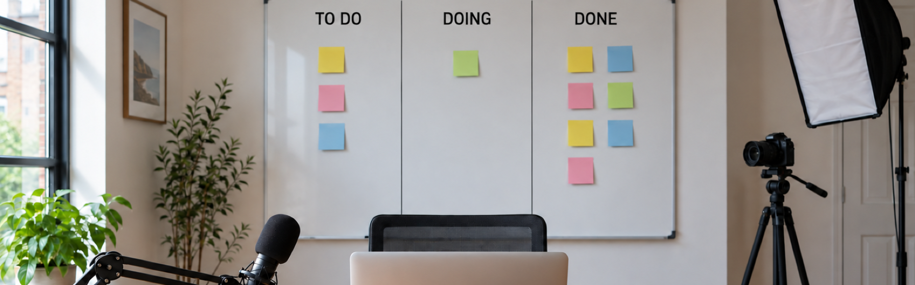 A calm home office with a Kanban board headed To Do, Doing and Done: three notes waiting in To Do, a single note in Doing and a full column in Done, above a tidy desk with a MacBook and podcast microphone.