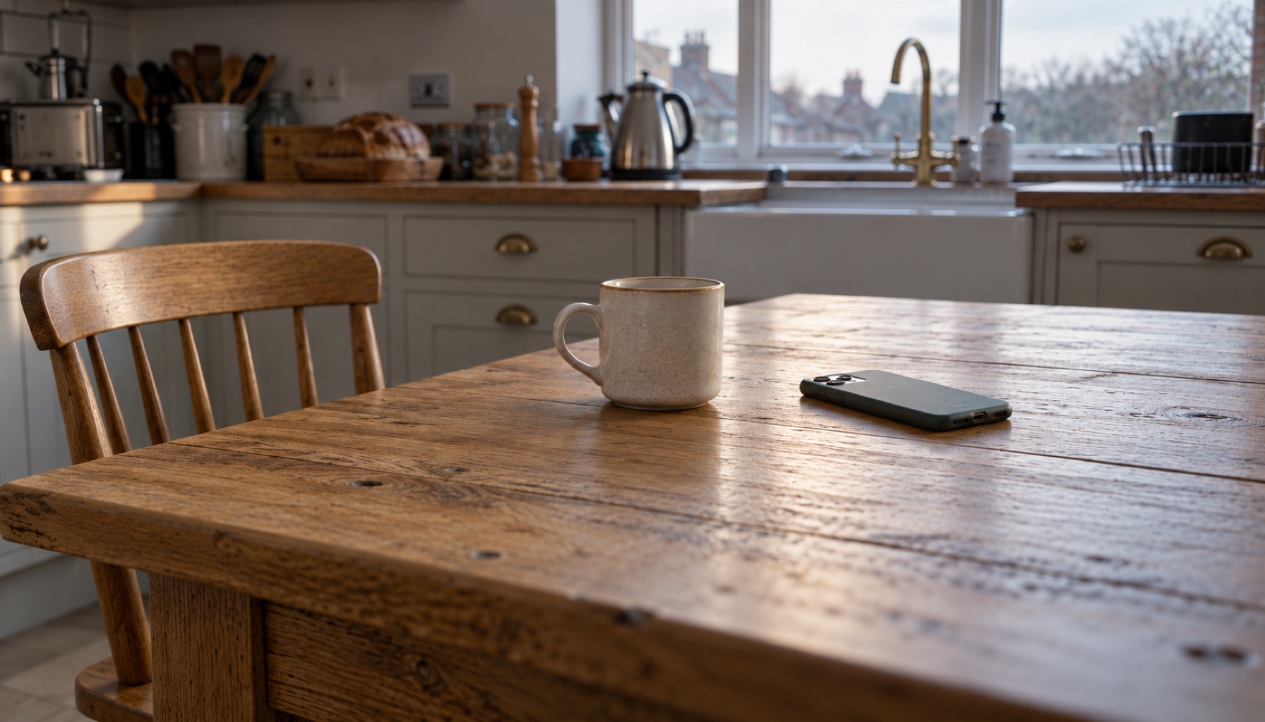 A kitchen table in the early morning light, one chair pulled out, a phone lying face down and a cream stoneware mug beside it, with a lived-in British kitchen behind.