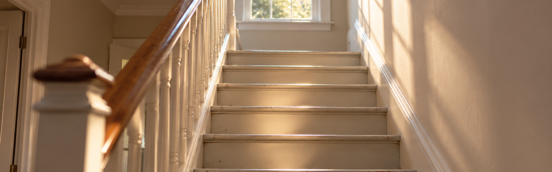 Morning light falling across the painted treads of an empty staircase in a British home, with a landing window above and a wooden handrail.