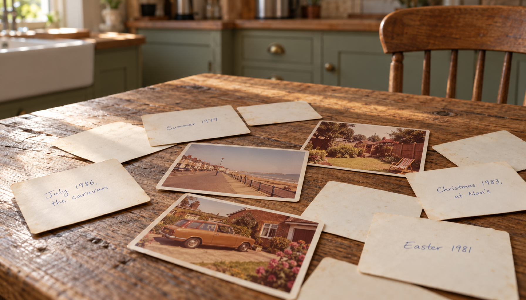 Old family photographs from the 1970s and 1980s spread across an oak kitchen table in soft morning light, most lying face down with dates written on the back in blue biro, including Summer 1979 and Christmas 1983, in a warm English country kitchen.