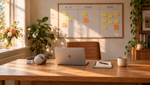 A tidy home office desk with a laptop, headphones and a coffee mug in front of a Kanban board, ready for working with a virtual assistant.
