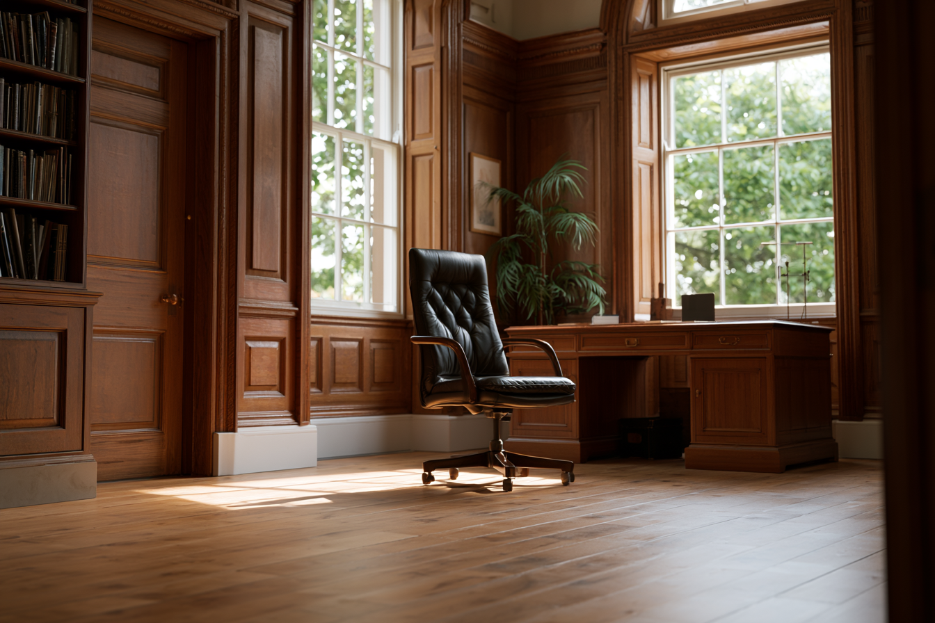 Quiet wood-panelled professional office, soft morning light