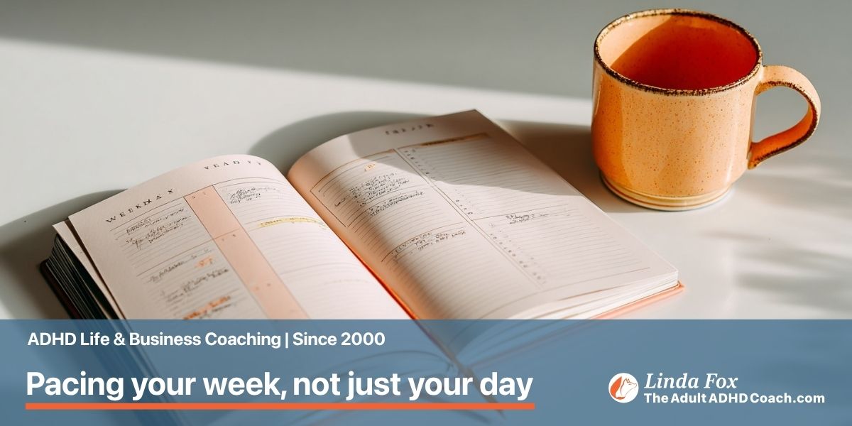 Pacing the working week with ADHD: a weekly planner with a terracotta-orange mug, soft morning light.