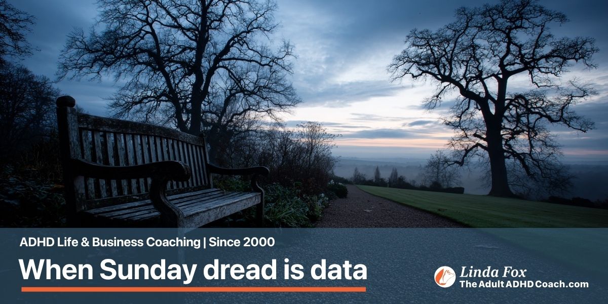 Sunday night dread as an ADHD burnout warning sign: a quiet end-of-Sunday scene at dusk.
